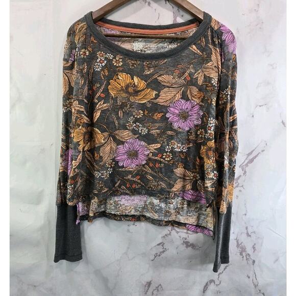 Anthropologie Shirt Womens Small Gray Orange Purple Floral Long Crop Pilcro - Picture 1 of 11